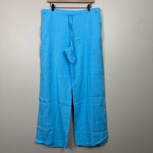 Flax Pants Womens M Blue Pull On Wide Leg Drawstring 100% Mid‎ Rise Linen